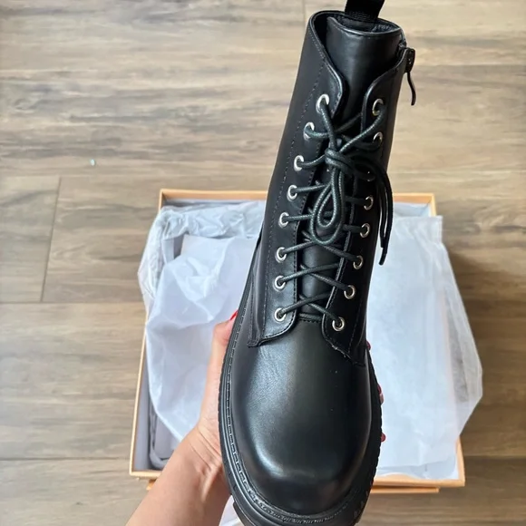 Dolls Kill Black Combat Moto Boots with Chunky Sole - Picture 2 of 2